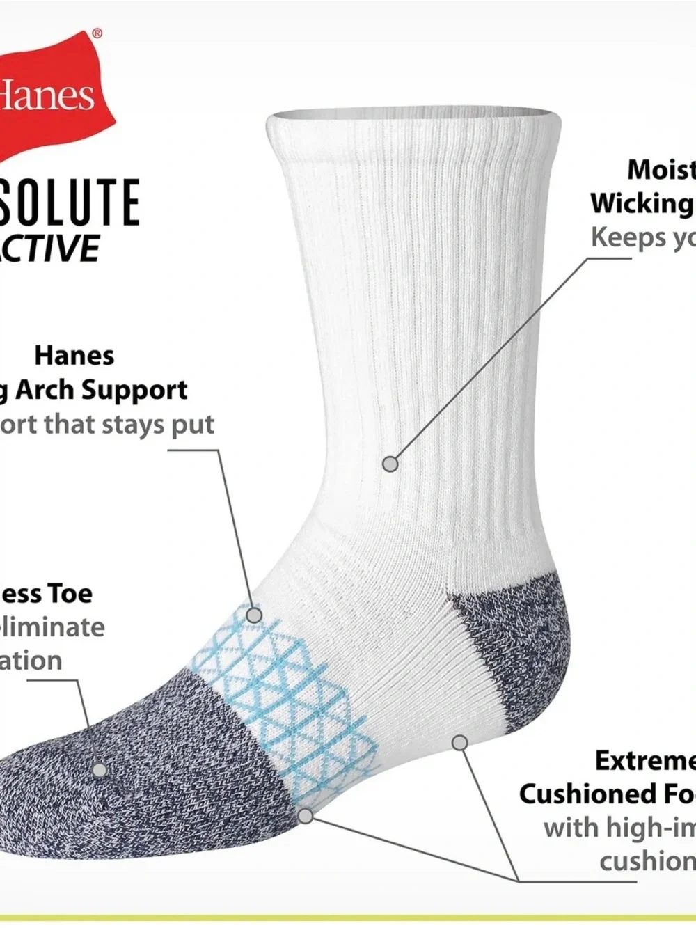 New Hanes White Crew Athletic Socks with Blue and Gray Accents. Boys size 3-9.